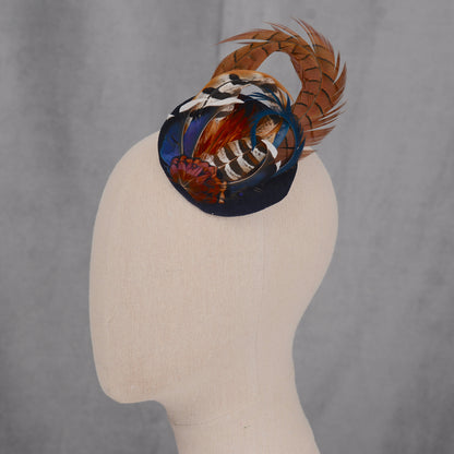 Pheasant and Duck Feather Fascinator in Navy Blue Velvet