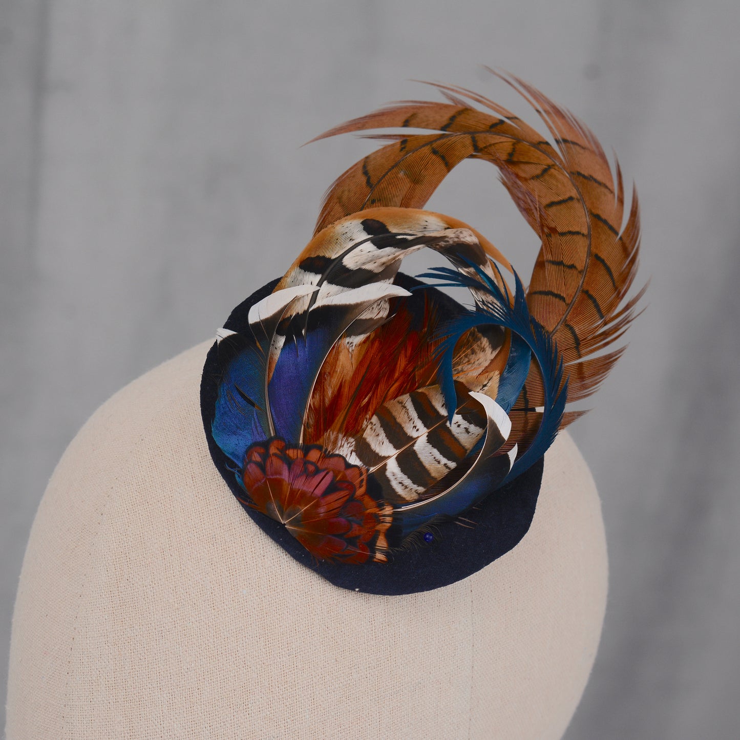 Pheasant and Duck Feather Fascinator in Navy Blue Velvet