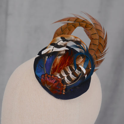 Pheasant and Duck Feather Fascinator in Navy Blue Velvet