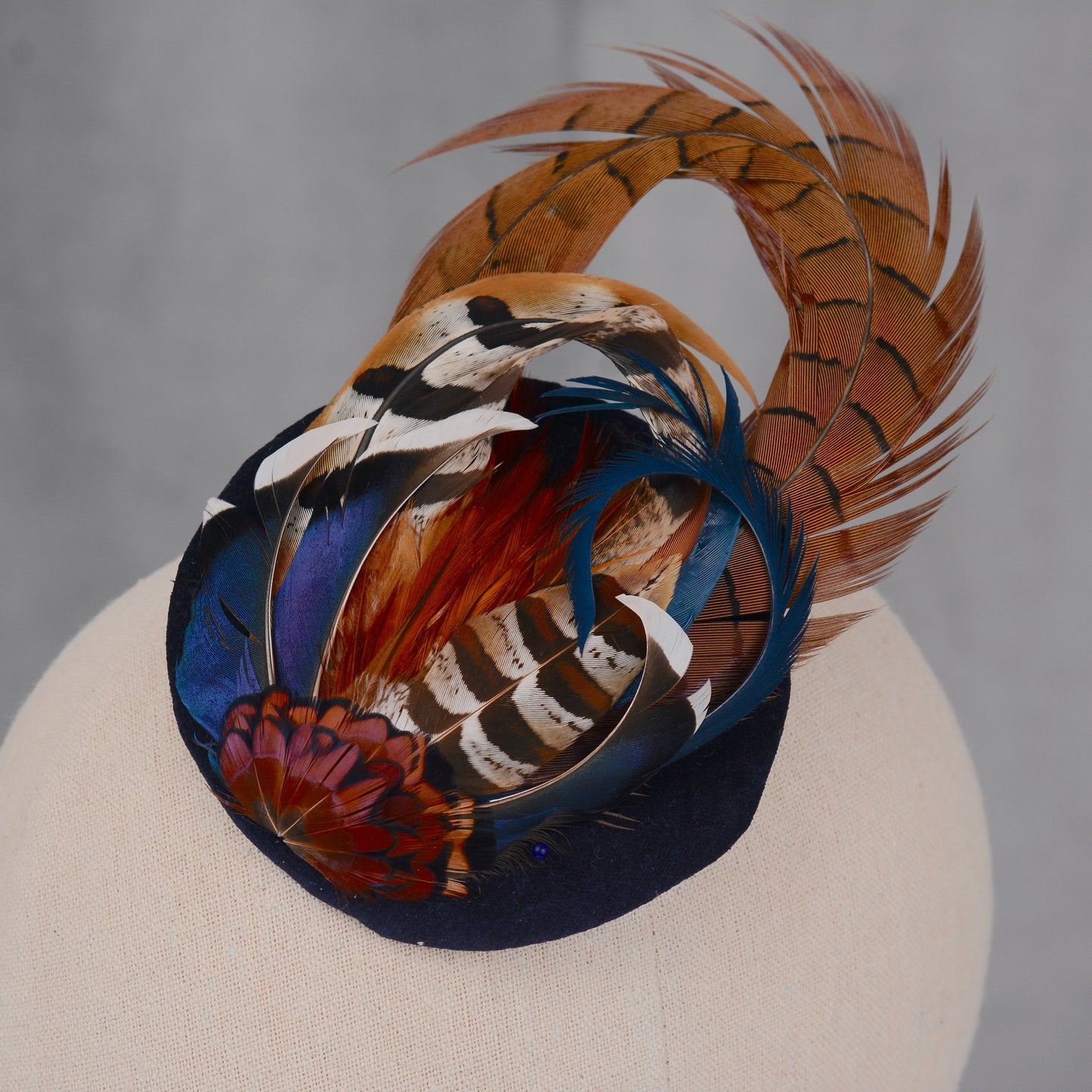 Pheasant and Duck Feather Fascinator in Navy Blue Velvet