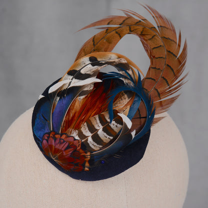 Pheasant and Duck Feather Fascinator in Navy Blue Velvet