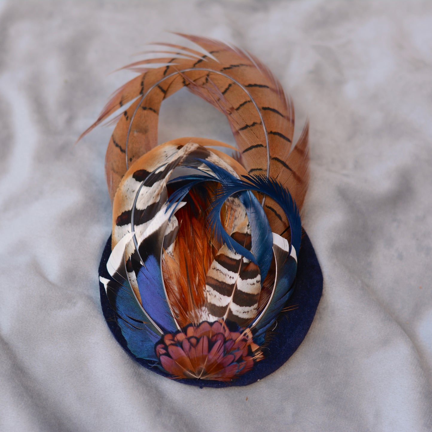 Pheasant and Duck Feather Fascinator in Navy Blue Velvet