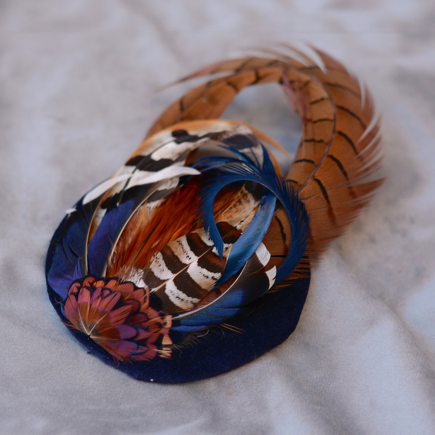 Pheasant and Duck Feather Fascinator in Navy Blue Velvet