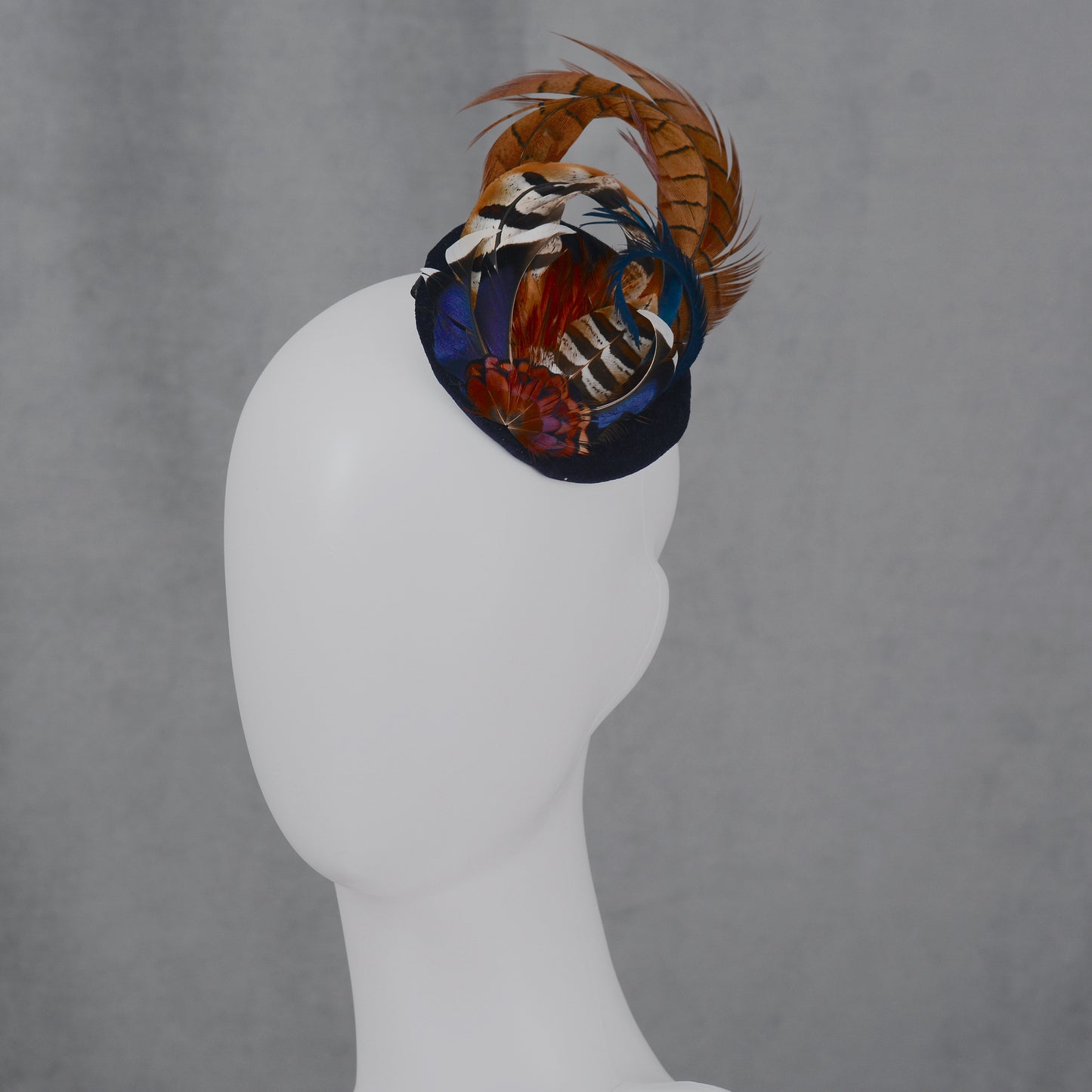 Pheasant and Duck Feather Fascinator in Navy Blue Velvet