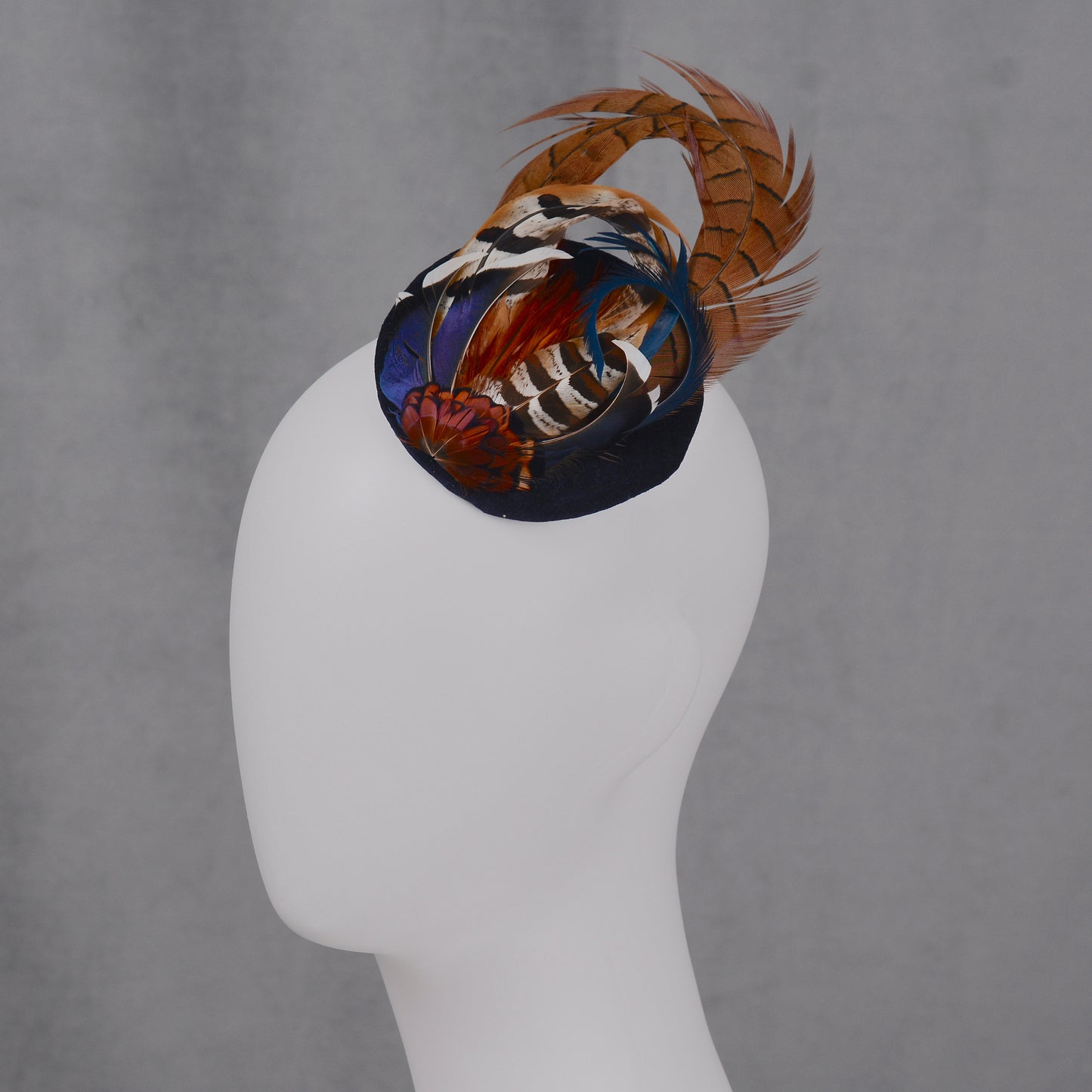 Pheasant and Duck Feather Fascinator in Navy Blue Velvet