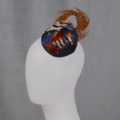 Pheasant and Duck Feather Fascinator in Navy Blue Velvet