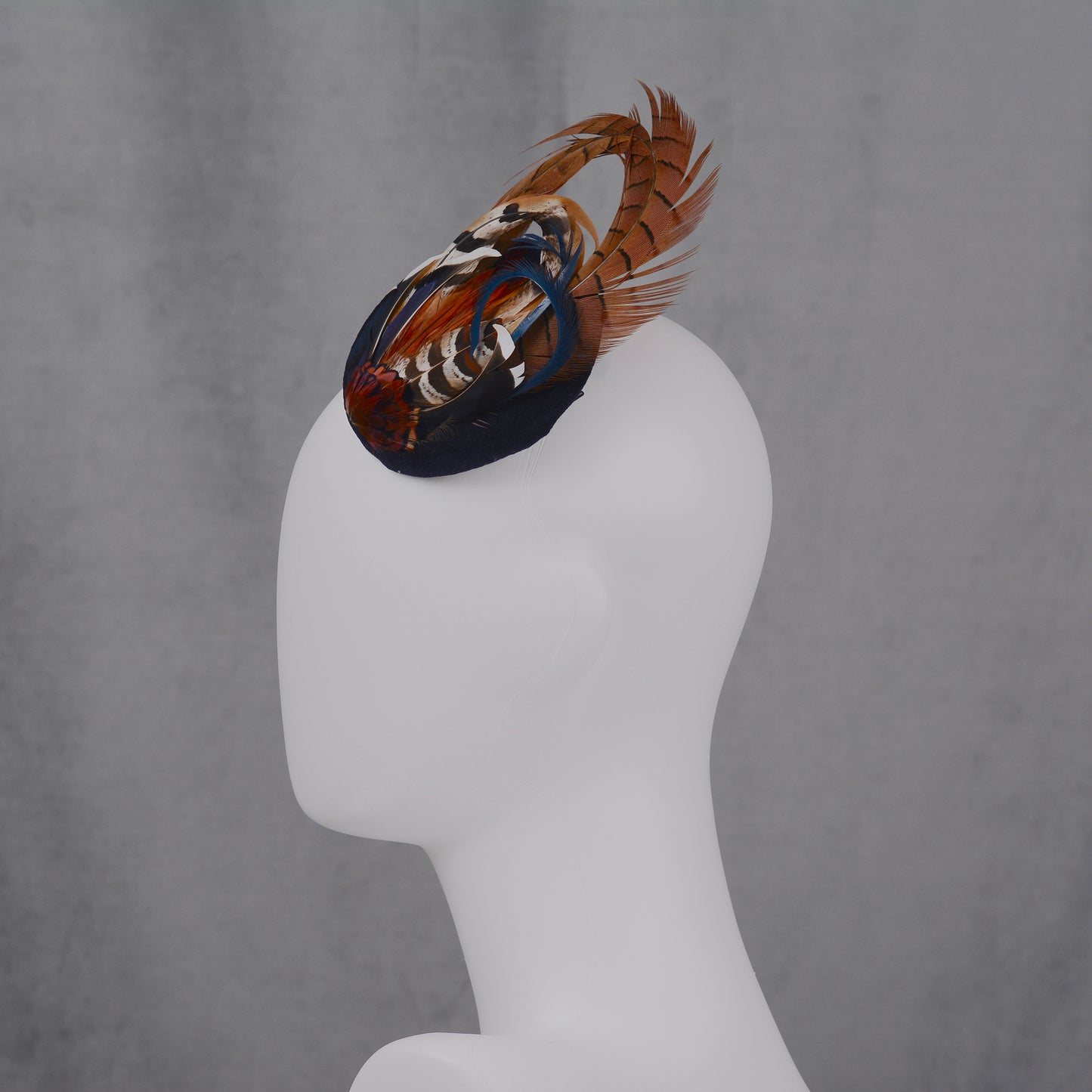 Pheasant and Duck Feather Fascinator in Navy Blue Velvet