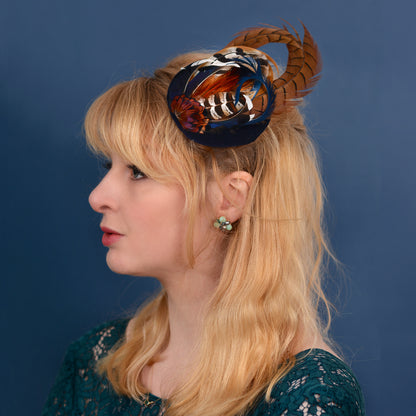 Pheasant and Duck Feather Fascinator in Navy Blue Velvet