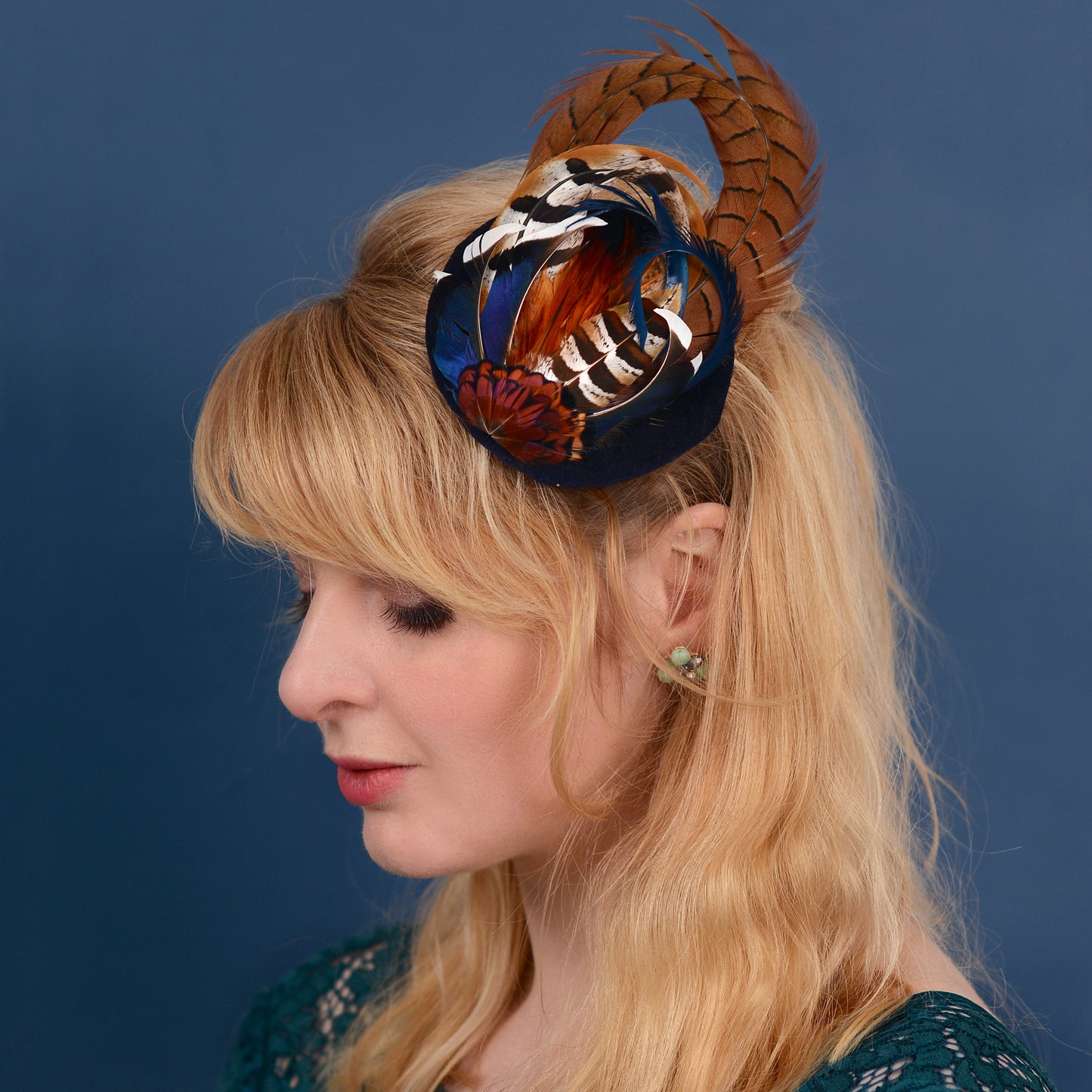 Pheasant and Duck Feather Fascinator in Navy Blue Velvet