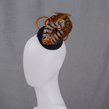 Copper Pheasant Feather Fascinator in Navy Blue Velvet