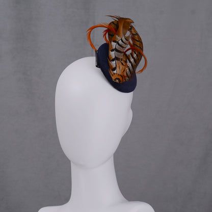 Copper Pheasant Feather Fascinator in Navy Blue Velvet