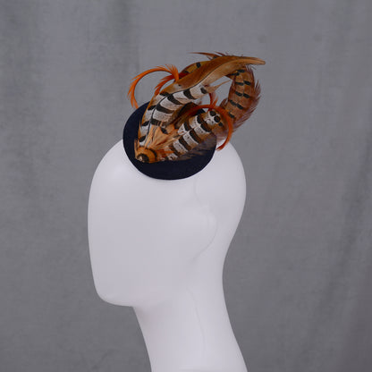 Copper Pheasant Feather Fascinator in Navy Blue Velvet