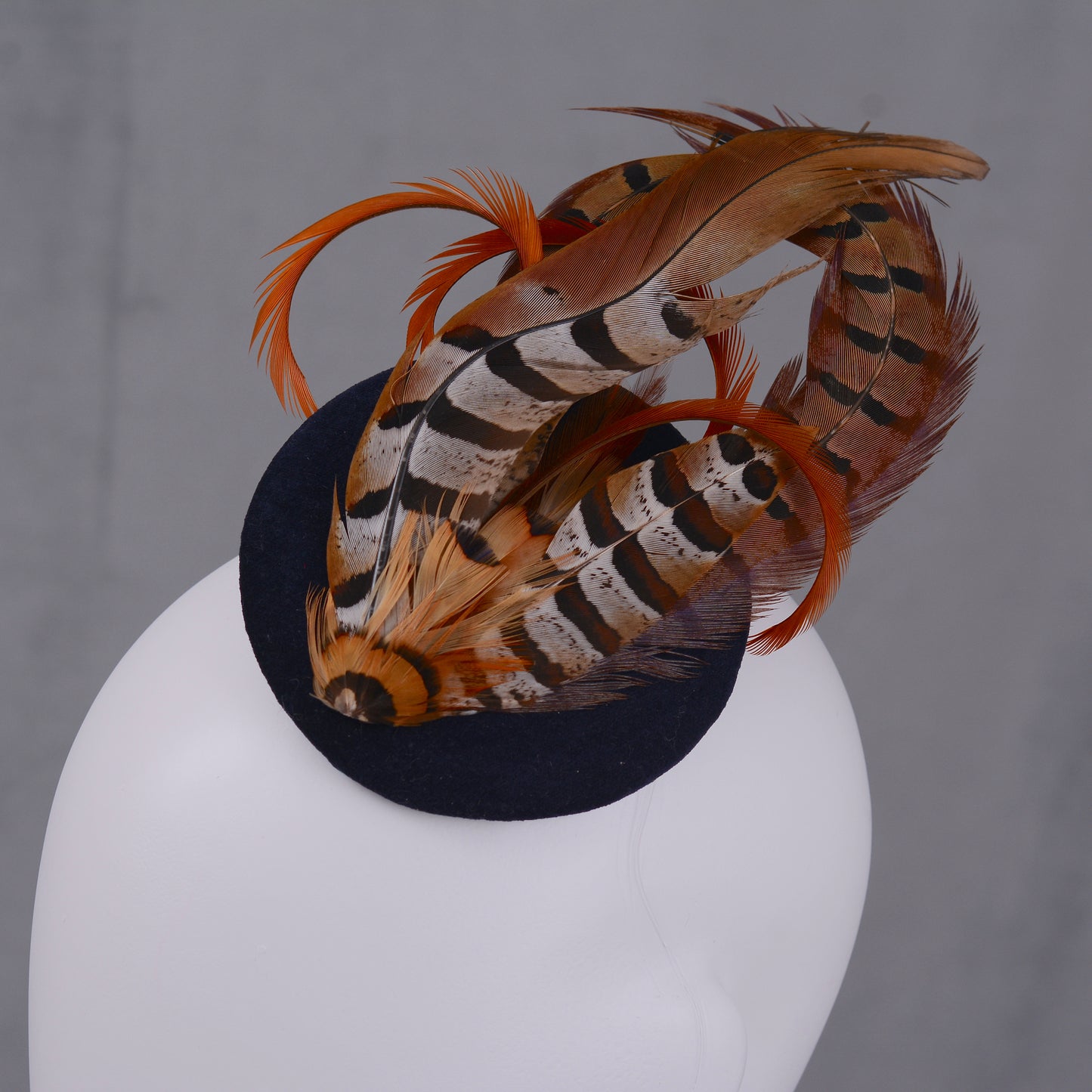 Copper Pheasant Feather Fascinator in Navy Blue Velvet