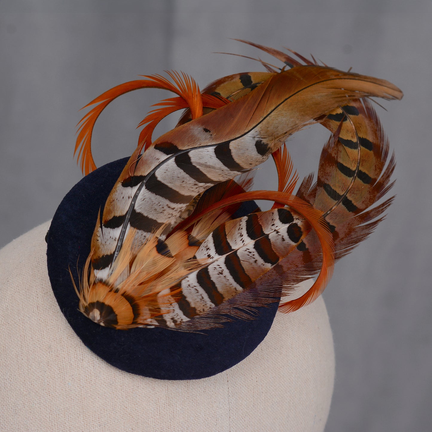 Copper Pheasant Feather Fascinator in Navy Blue Velvet