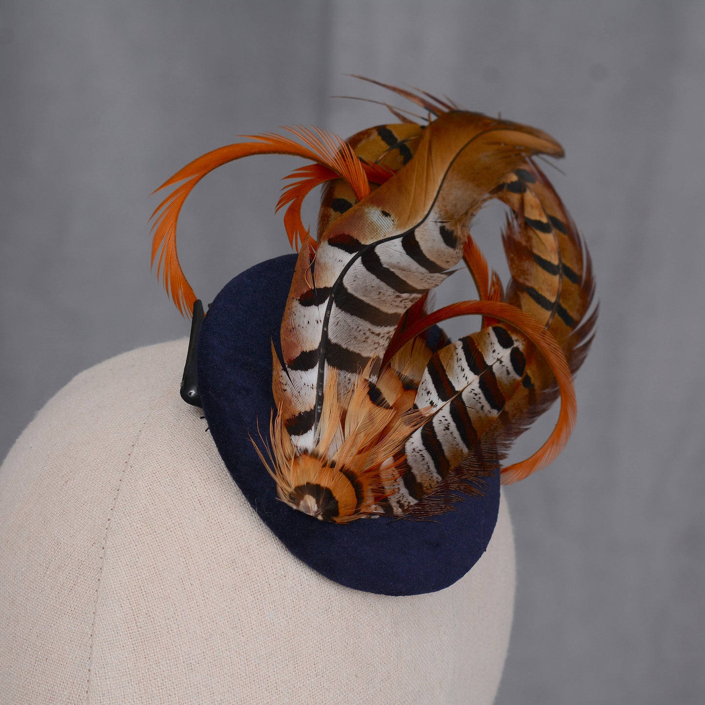 Copper Pheasant Feather Fascinator in Navy Blue Velvet