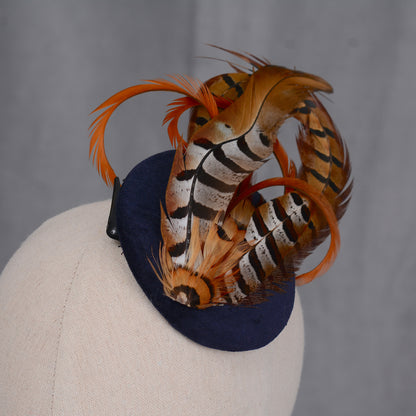Copper Pheasant Feather Fascinator in Navy Blue Velvet