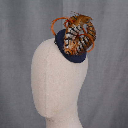 Copper Pheasant Feather Fascinator in Navy Blue Velvet