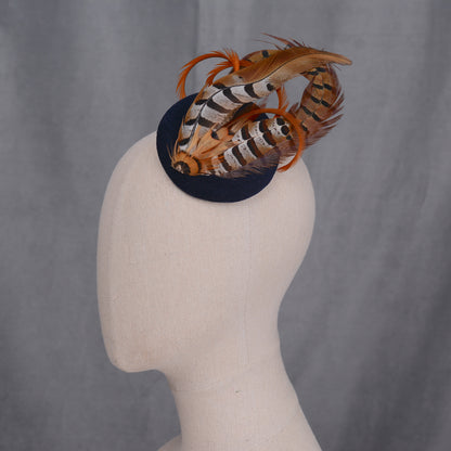 Copper Pheasant Feather Fascinator in Navy Blue Velvet