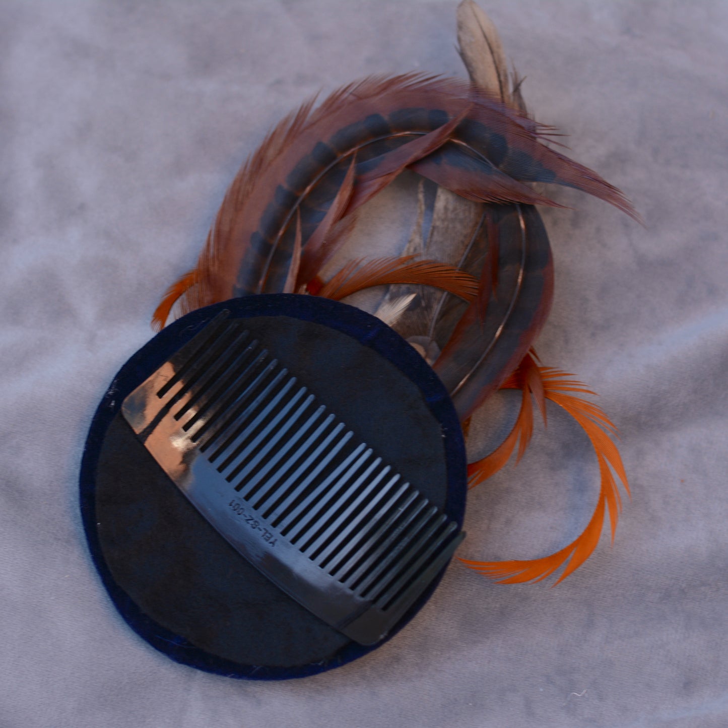 Copper Pheasant Feather Fascinator in Navy Blue Velvet