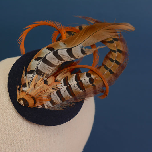 Copper Pheasant Feather Fascinator in Navy Blue Velvet