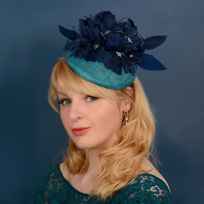 Navy Blue and Teal Feather Flower Button Hat Fascinator