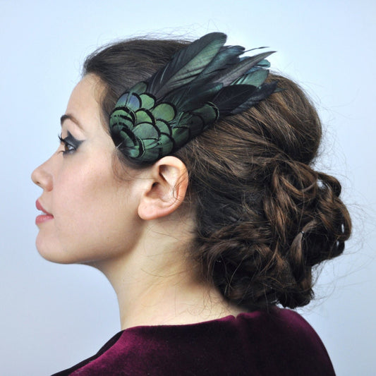 Feather Hair Clip in Glossy Green Black Natural Feathers | Black Feather Fascinator | Black Feather Headpiece | Wedding Fascinator
