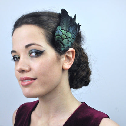 Feather Hair Clip in Glossy Green Black Natural Feathers | Black Feather Fascinator | Black Feather Headpiece | Wedding Fascinator