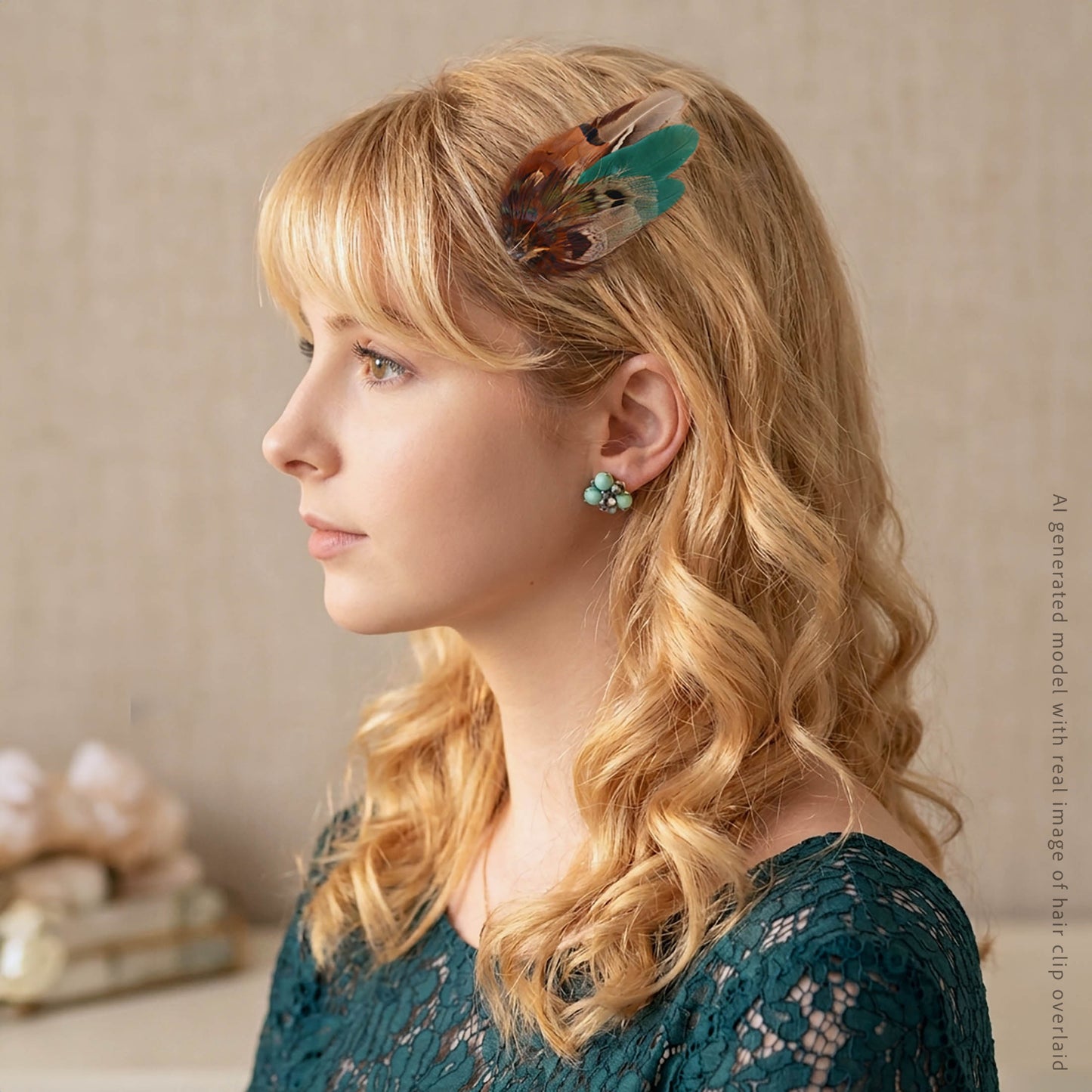 A woman in profile wearing a feather hair clip and matching turquoise stud earrings, with wavy blonde hair and a lace top, against a soft beige background.