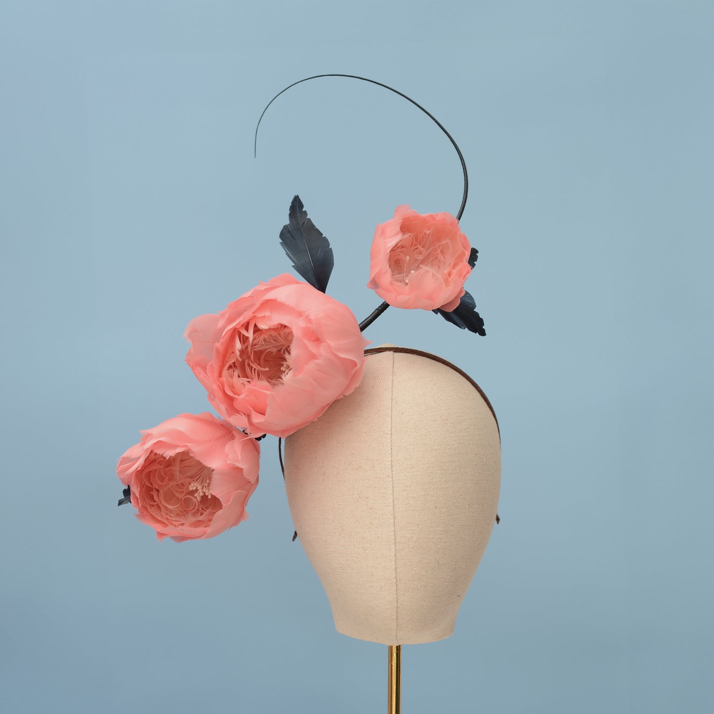 Soft Pink Peonies and Navy Blue Feather Flower Headpiece