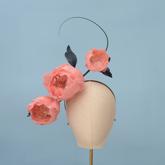 Soft Pink Peonies and Navy Blue Feather Flower Headpiece