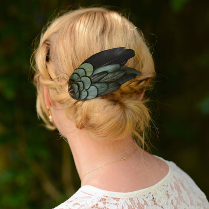 Black and Green Feather Hair Clip Large