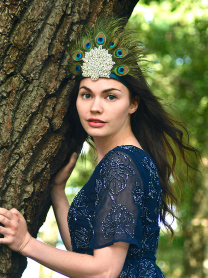 Hera - Peacock Feather Crown with Rhinestones