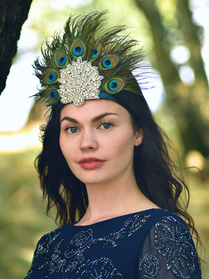 Hera - Peacock Feather Crown with Rhinestones