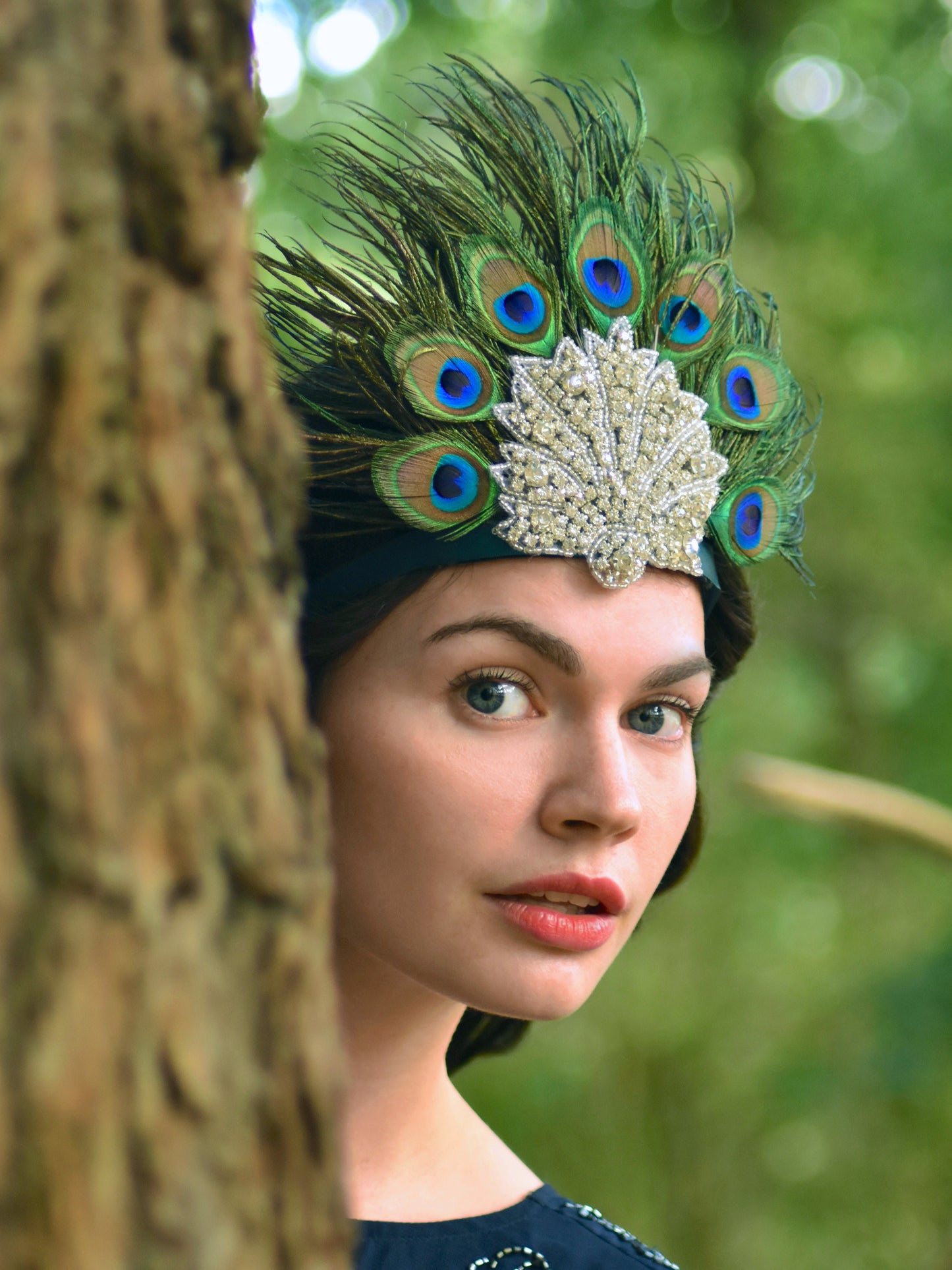 Hera - Peacock Feather Crown with Rhinestones