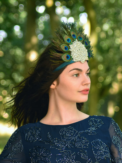 Hera - Peacock Feather Crown with Rhinestones