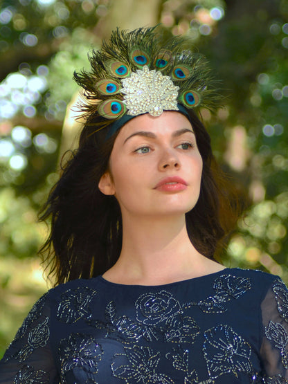 Hera - Peacock Feather Crown with Rhinestones