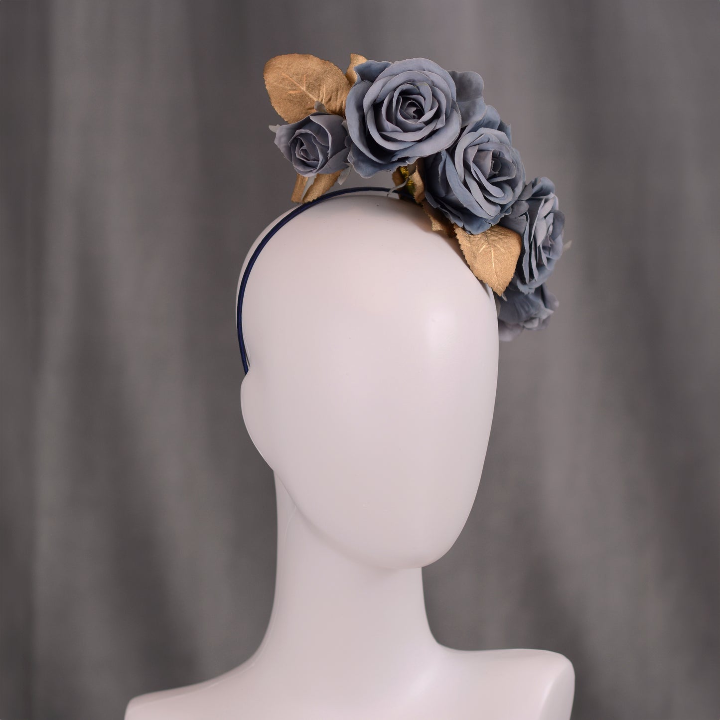 Flower Headpiece in Floating Blue and Gold Roses