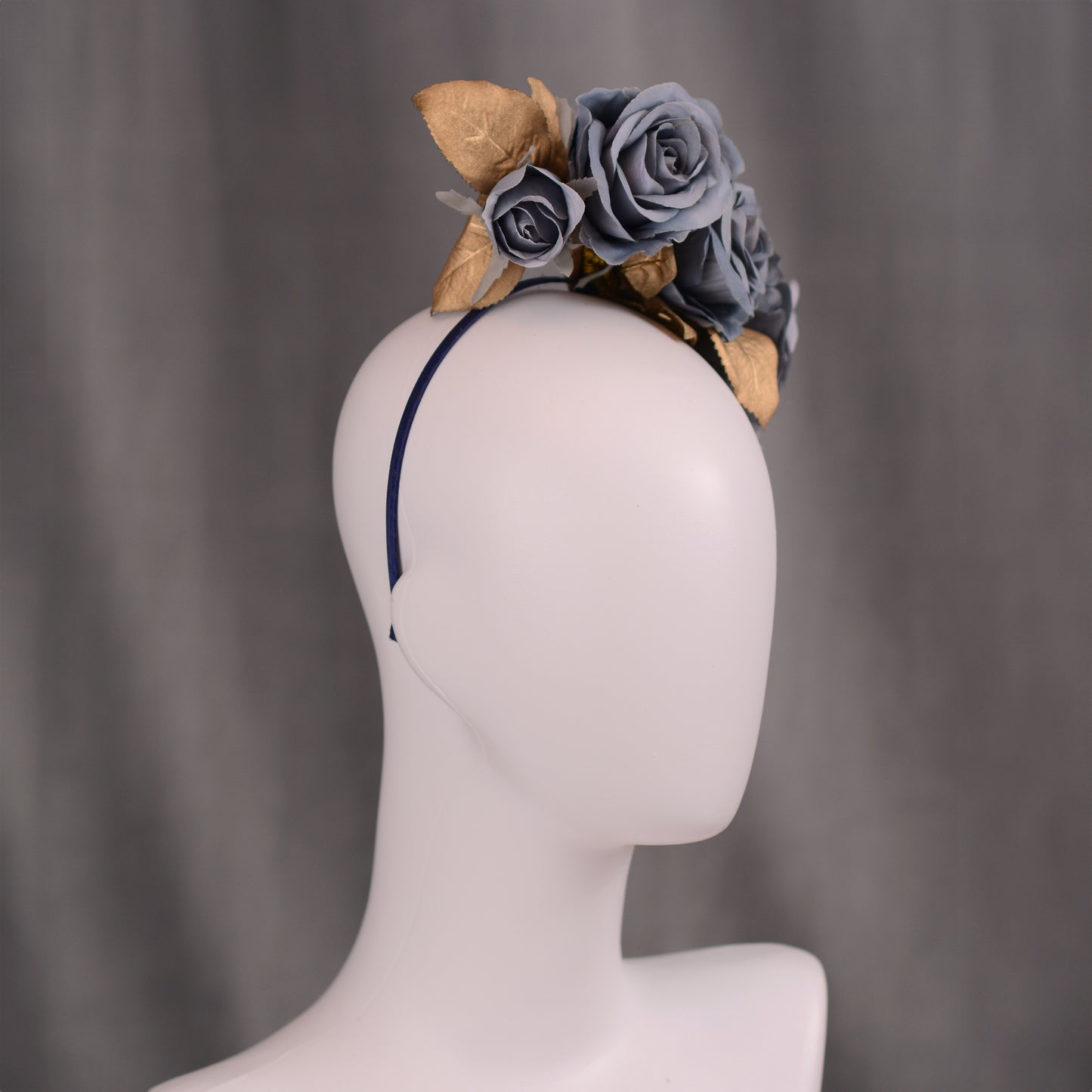 Flower Headpiece in Floating Blue and Gold Roses