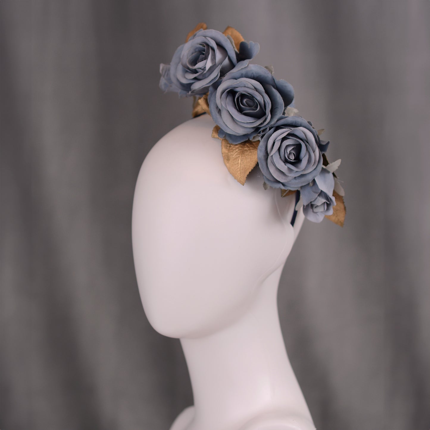 Flower Headpiece in Floating Blue and Gold Roses