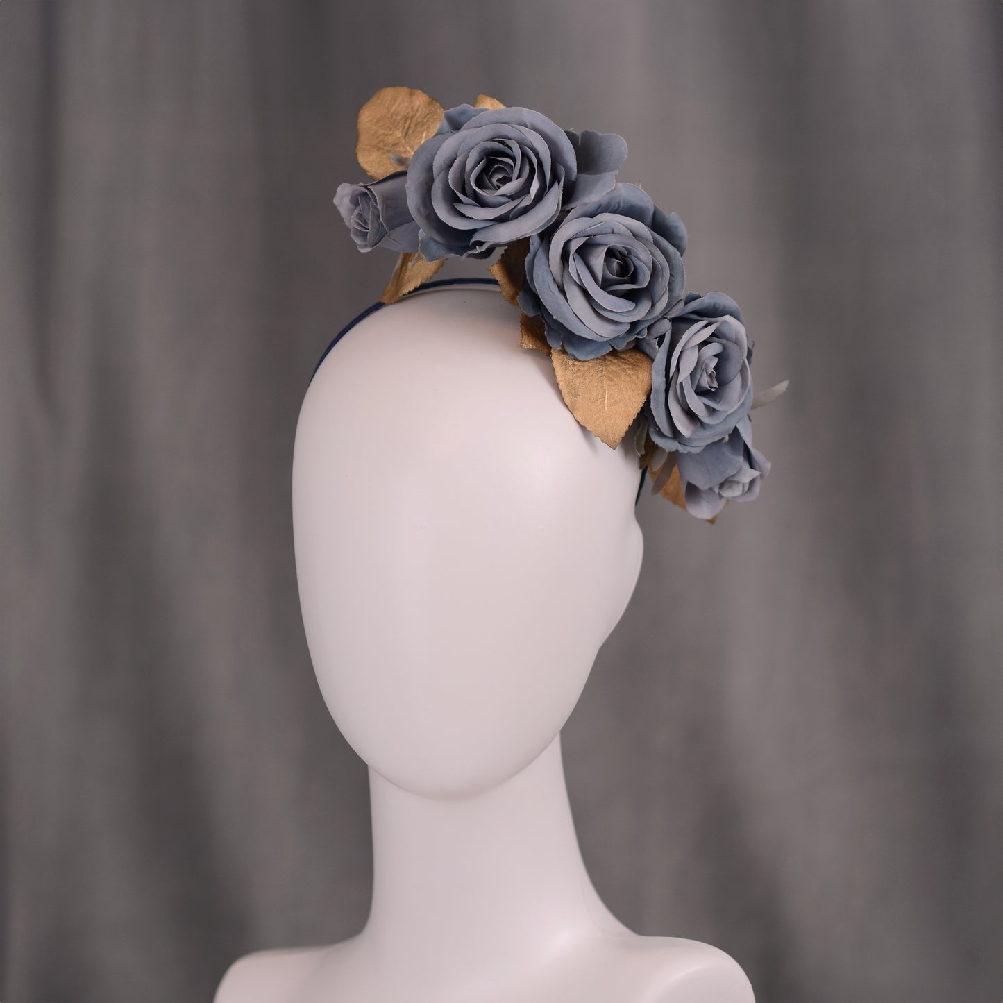 Flower Headpiece in Floating Blue and Gold Roses