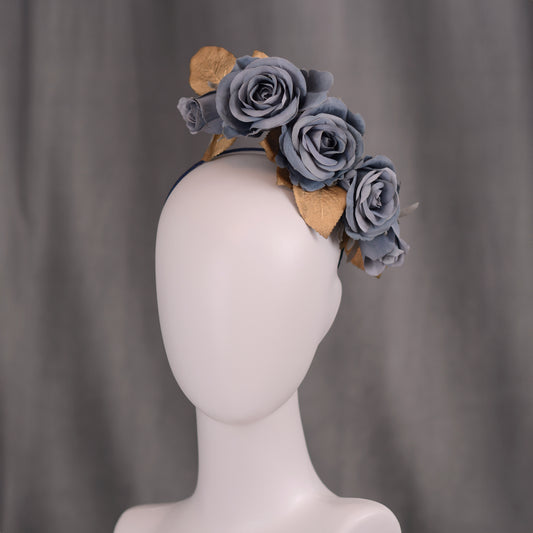 Flower Headpiece in Floating Blue and Gold Roses