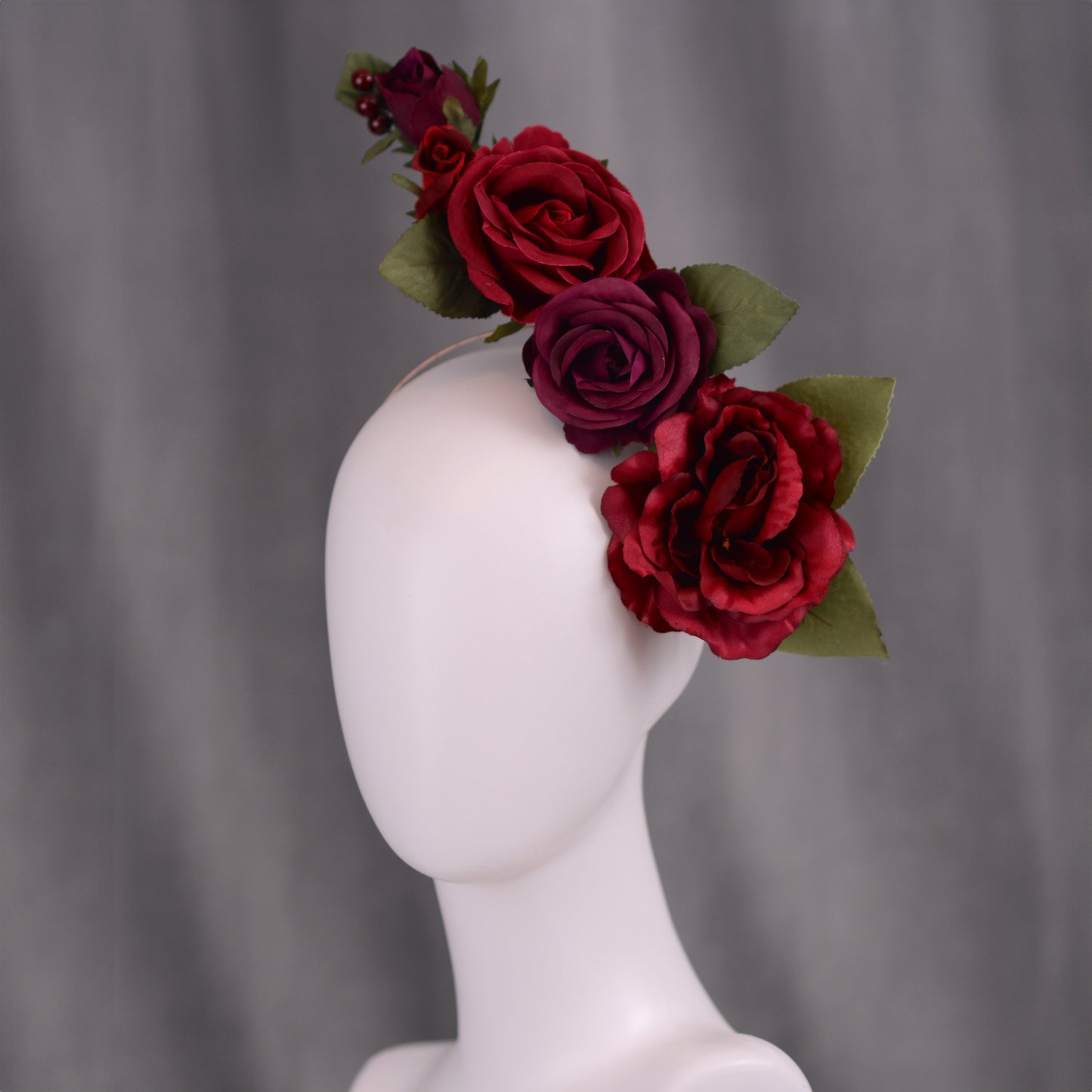 Sculptural Crimson and Plum Roses Headpiece