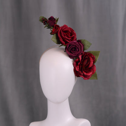 Sculptural Crimson and Plum Roses Headpiece