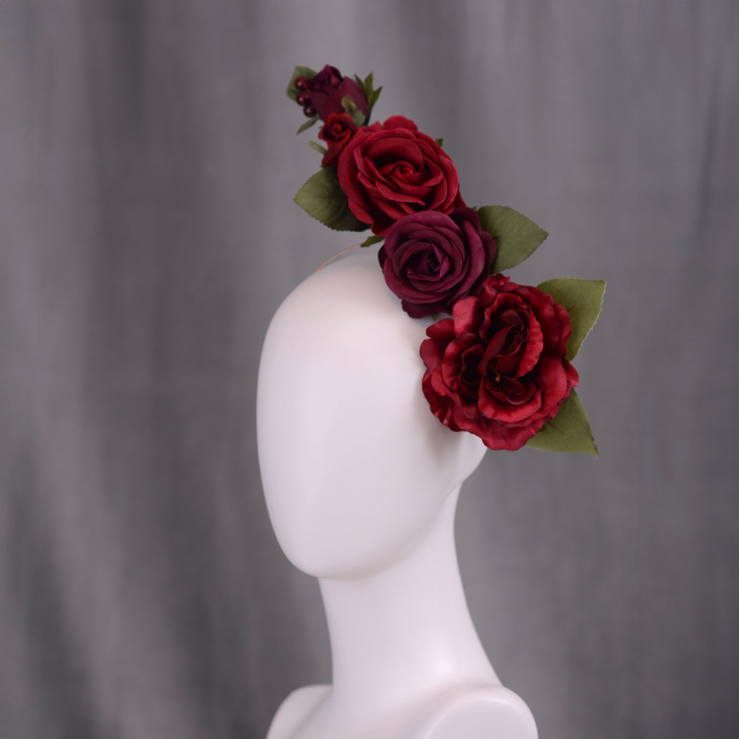 Sculptural Crimson and Plum Roses Headpiece