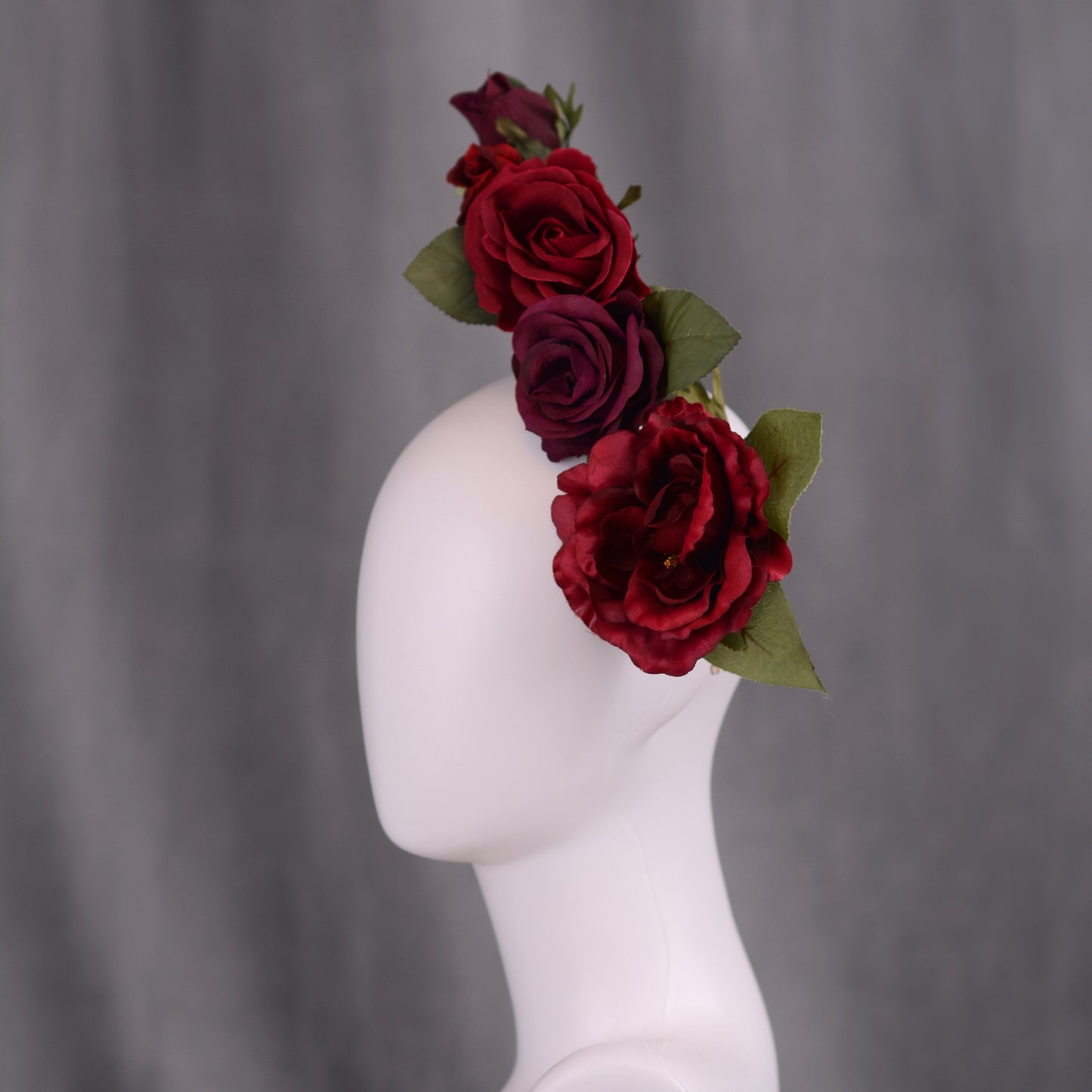 Sculptural Crimson and Plum Roses Headpiece