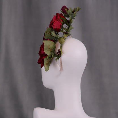 Sculptural Crimson and Plum Roses Headpiece