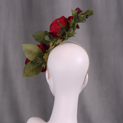 Sculptural Crimson and Plum Roses Headpiece