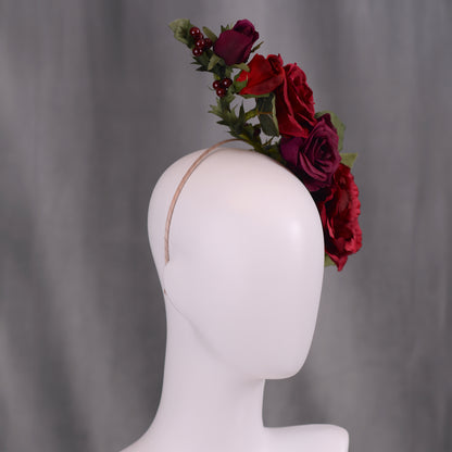 Sculptural Crimson and Plum Roses Headpiece