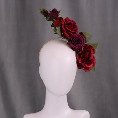 Sculptural Crimson and Plum Roses Headpiece