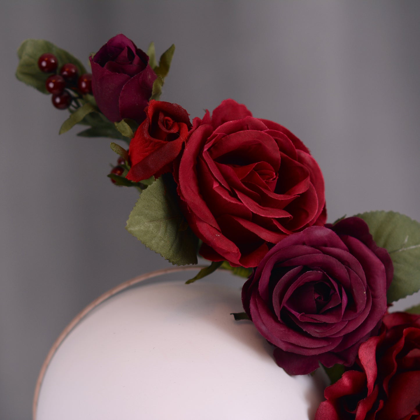 Sculptural Crimson and Plum Roses Headpiece